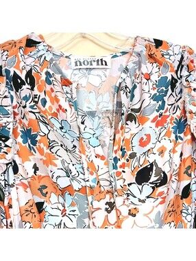 One Eleven North Boho Floral Print Top Blouse Women's Size S Tie Puff Sleeve